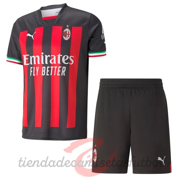 Casa Conjunto De Niños AC Milan 2022 2023 Rojo Negro Camisetas Originales Baratas
