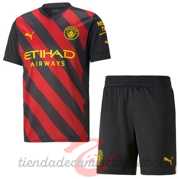 Segunda Conjunto De Niños Manchester City 2022 2023 Rojo Negro Camisetas Originales Baratas