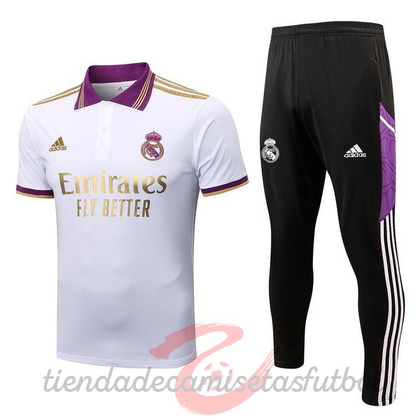 Conjunto Completo Polo Real Madrid 2022 2023 Blanco Purpura Camisetas Originales Baratas